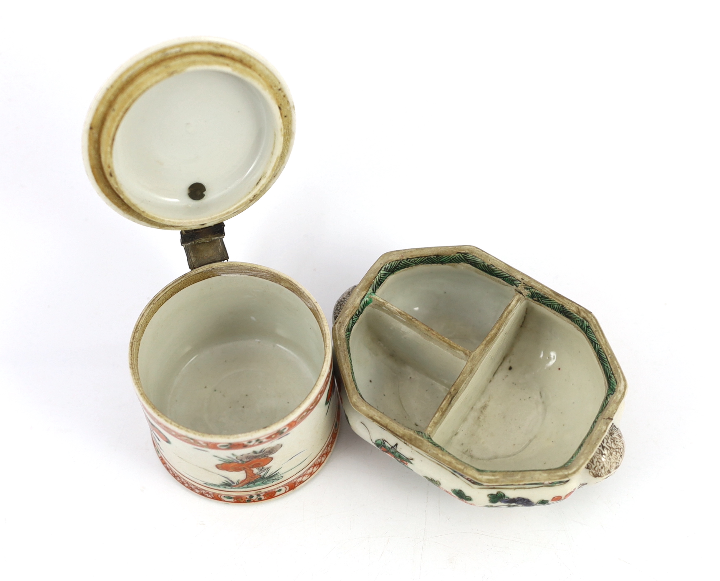 A Chinese famille verte compartmented spice box and a hinged mustard pot and cover, both Kangxi period, some damage (2)